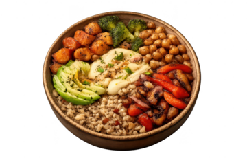 Delicious Buddha bowl on transparent background, full of fresh food
