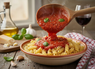 a wooden spoon pouring red tomato sauce over spaghetti, garnished with basil leaves, on a rustic wooden table