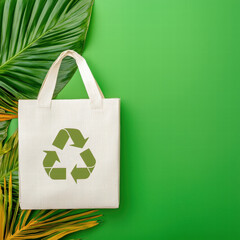 Eco bag recycle symbol green background palm leaf reusable tote zero waste sustainability environmental fabric bag copy space Eco bag with recycle