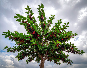 Fototapeta premium This vibrant mulberry tree overflows with ripe fruit under a dramatic sky. Ideal for health, farming, and nature content, it captures the essence of summer harvest and organic beauty.
