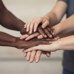 five hands, three light-skinned and two dark-skinned, forming a circle with fingers intertwined, symbolizing unity and diversity