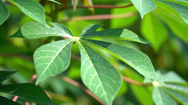 Closeup of vibrant green cassava leaves thriving in natural sunlight showcasing detailed venation and lush foliage.