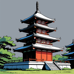 Japanese pagoda vector illustration with bright colors
