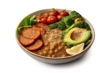 Healthy Buddha Bowl with Sausage transparent background studio shot