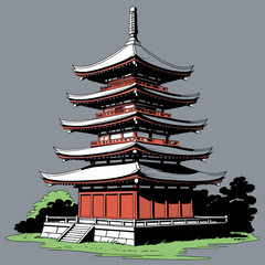 Japanese pagoda vector illustration with bright colors