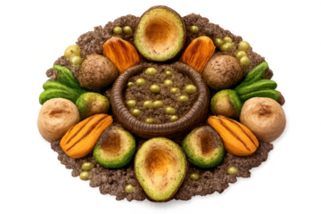 Vegetable Arrangement on transparent background, earthy tones food art.