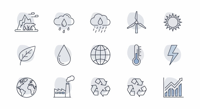 Collection of Environmental and Ecological Icons Representing Sustainability.
