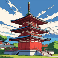 Japanese pagoda vector illustration with bright colors