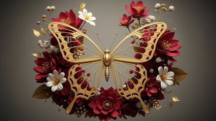 Golden butterfly surrounded by red and white flowers