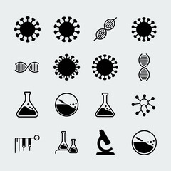 Set of scientific icons including virus, dna, microscope, lab equipment, and molecular structures