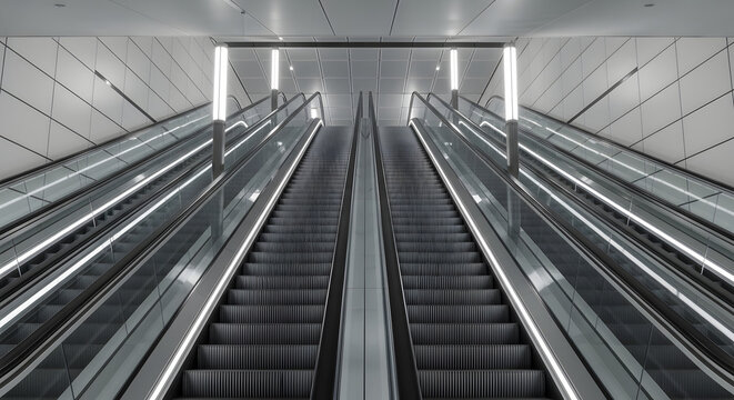 Symmetrical Upward Perspective of Long Modern Metal Escalators in Minimalist Gray Interior