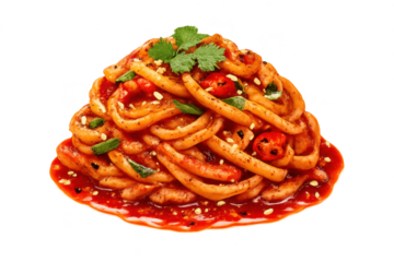 Spicy Stir-Fried Rice Cakes on a transparent background, ready to eat.