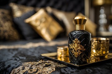 Luxuri&ouml;ses Parfum mit goldenen Details auf elegantem Bett
