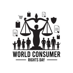 Black Color World Consumer Rights Day Silhouette Vector Illustration, Solid White Background.