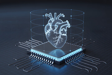 Futuristic Digital Heart on a Microchip with Blue Glow