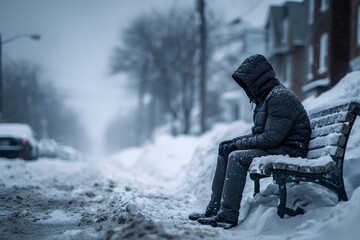 Einsamer Mann sitzt im Winter auf Parkbank bei Schneefall
