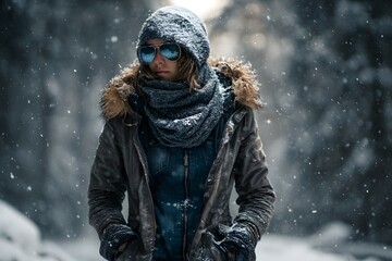 Junge Frau mit Winterkleidung steht im Schneefall in der Stadt
