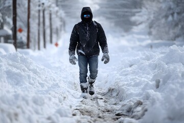 Mann k&auml;mpft sich durch tiefen Schnee bei starkem Wintereinbruch
