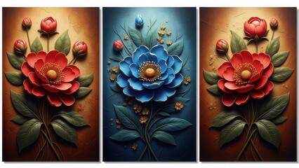 Vibrant triptych of red and blue flowers with green leaves