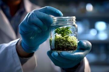 Wissenschaftlerin h&auml;lt Glas mit gr&uuml;ner Pflanzenprobe im Labor
