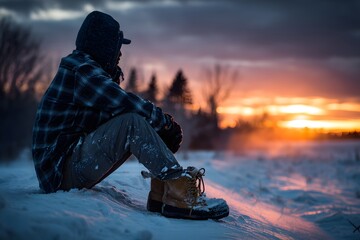Einsamer Mann sitzt im Schnee bei Sonnenuntergang im Winter
