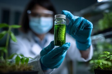 Wissenschaftlerin analysiert gr&uuml;ne Pflanzenprobe im Labor
