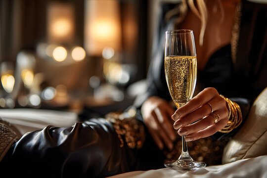 Stilvolle Frau genie&szlig;t Champagnerglas in luxuri&ouml;sem Ambiente
