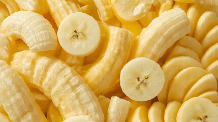 Background of ripe sliced yellow healthy banana slices, closeup. Food organic natural backdrop from fruit