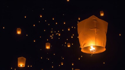 Sky lanterns flying high in the night sky