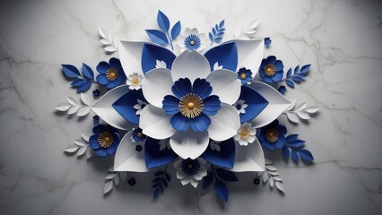 Beautiful blue and white paper flower arrangement on marble background