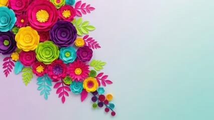 Vibrant paper flowers arrangement on gradient background
