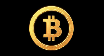 Golden Bitcoin cryptocurrency symbol gleaming against a solid black background.