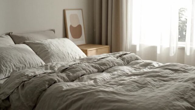 Tranquil bedroom interior featuring a comfortable bed with soft, rumpled natural linen bedding, bathed in gentle morning light, emphasizing coziness and relaxation