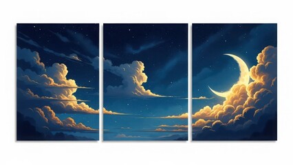 Serene night sky with moon and clouds triptych art