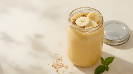 Vegan banana and oatmeal smoothie in glass jar on the light background. Healthy food.
