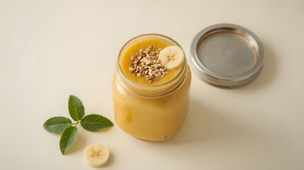 Vegan banana and oatmeal smoothie in glass jar on the light background. Healthy food.
