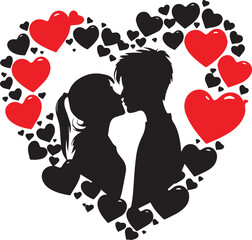 Silhouette of a romantic young couple kissing inside a heart shape made of small hearts, Valentine's day concept.