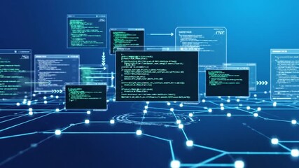 An intricate blue virtual interface displaying multiple screens of code and interconnected data points. - Powered by Adobe