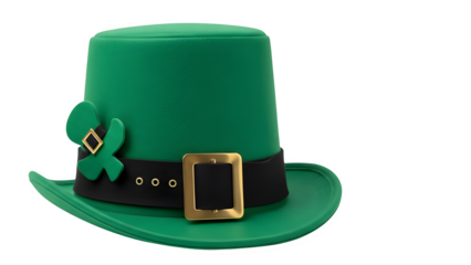 Green leprechaun top hat with buckle and shamrock decoration for st patricks day celebration isolated on transparent background