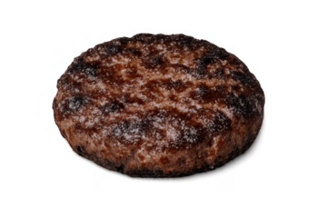 Juicy hamburger patty on a transparent background, delicious and grilled.