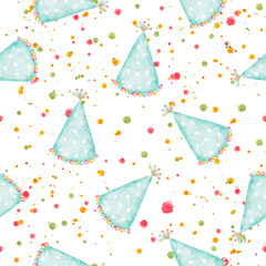 Watercolor hand painted pattern of birthday hats and confetti, festive background.