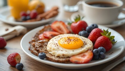 Delicious Sunny Side Up Eggs with Toast, Fresh Strawberries, Blueberries, Coffee and Juice &ndash; Healthy Homemade Breakfast on a Bright Morning