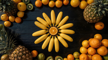 Bananas on a black wooden surface. Tropical Fruits. Top view. 