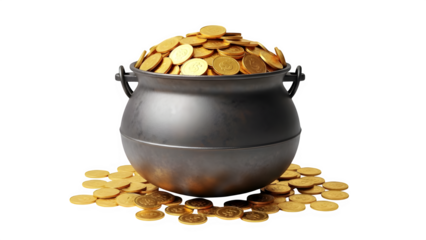 Pot of gold overflowing with shiny golden coins isolated on transparent background