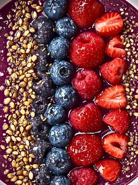 Top view macro shot of fresh mixed berries, raspberries and blueberries, vibrant food texture.