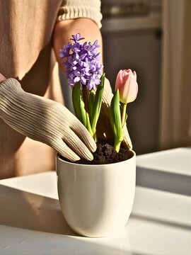Close up of person wearing gardening gloves planting purple hyacinth in a pot indoors.