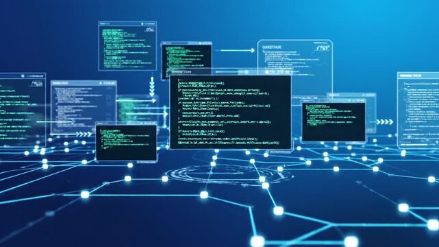 An intricate blue virtual interface displaying multiple screens of code and interconnected data points.