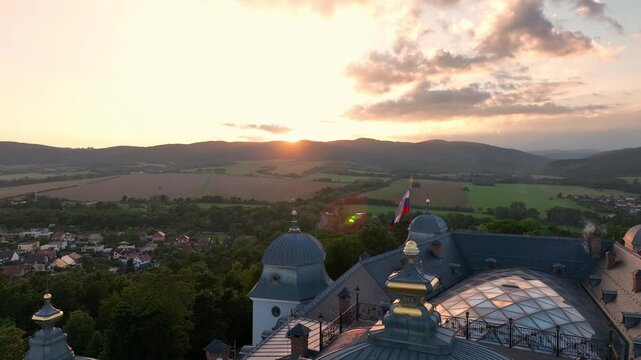 Aerial view of Halic Castle in the village of Halic in Slovakia - Sunset