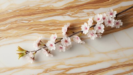 Beautiful cherry blossom branch on marble surface