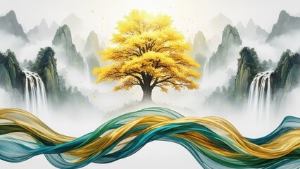 Serene landscape with golden tree and flowing stream